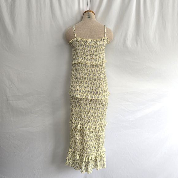 Mable Esme Sleeveless Tiered Ruffle Dress Women's L Yellow Purple Floral Midi - Picture 2 of 16